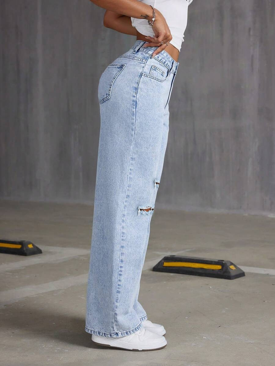 European and American Cross-Border 2025 New Loose Light Blue Washed Wide-Leg Jeans Pure Color Pants Women Jeans