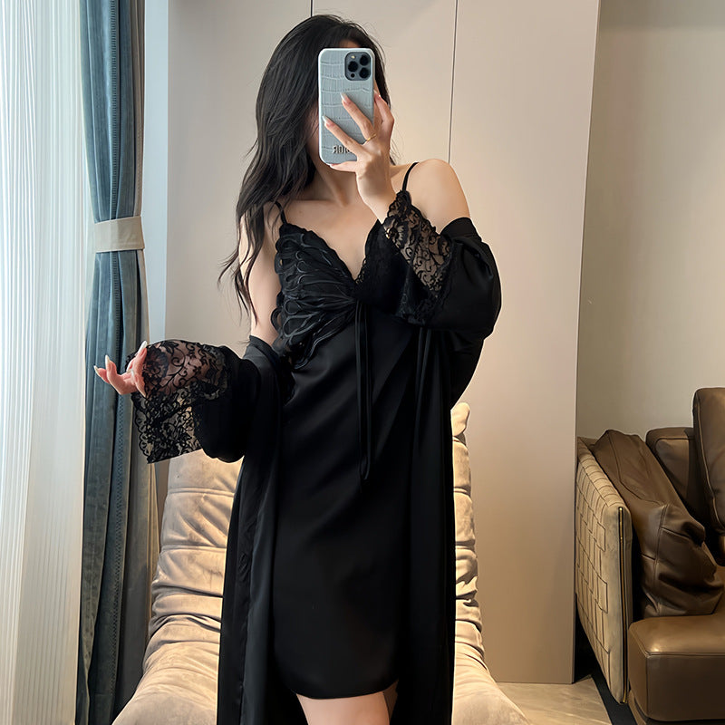 Pajamas Women's Summer Ice Silk Pure Sexy Lace Sling Nightgown Nightgown with Chest Pad Thin Home Clothes Two-piece Set