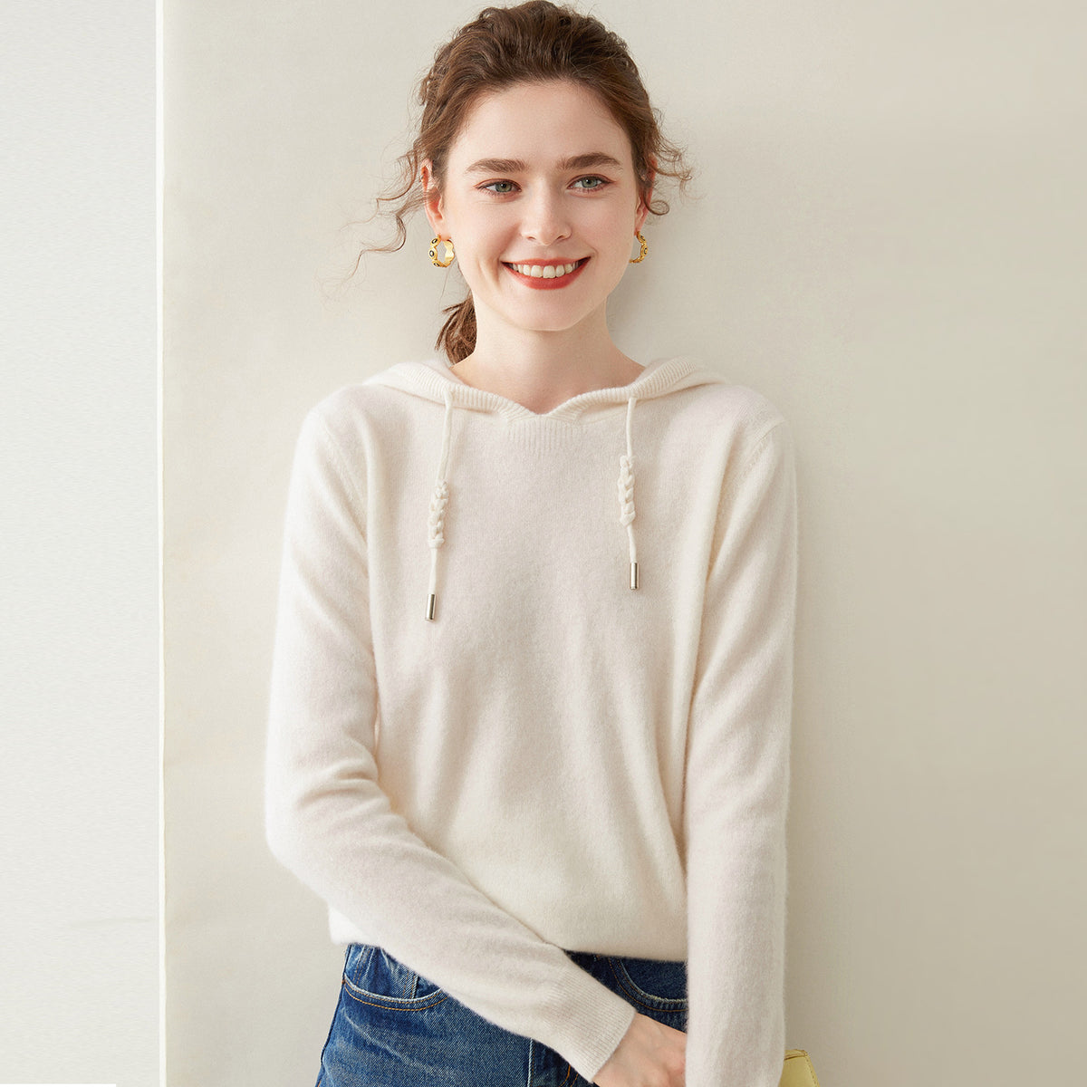 Light Luxury Solid Color 100% Pure Cashmere Hoodie for Women, Versatile for Commuting, Loose Knit Base Hoodie, Loose Fit