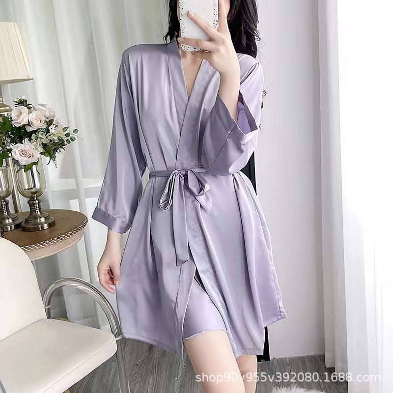 Sexy Pajamas for Women Spring and Summer New Satin Ice Silk Suspender Nightgown Nightgown Shorts Three-Piece Set with Chest Pad Home Clothes