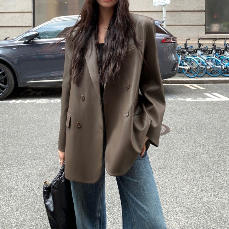 Suit Leather Jacket Women's Design Sense Niche PU Leather High-end Sense Fried Street Loose Casual Black Elegant Suit Fashion
