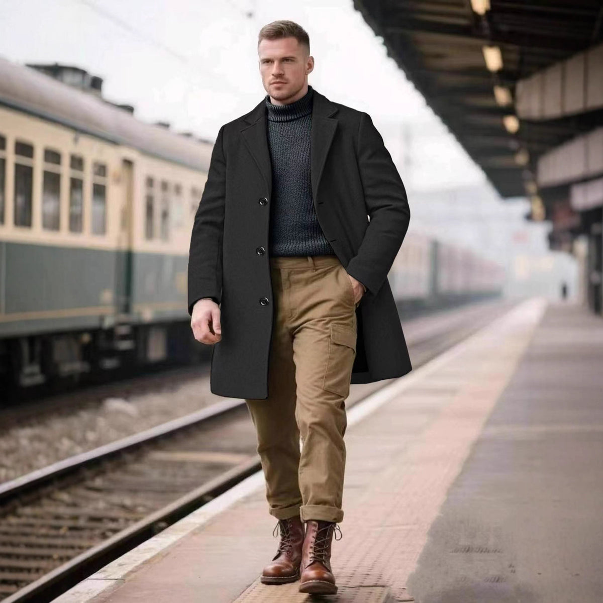 Cross-Border European Sizes Exclusively for European and American Hot-Selling Spring and Autumn Men's Lapel Slim Simple Solid Color Elegant Trench Coat
