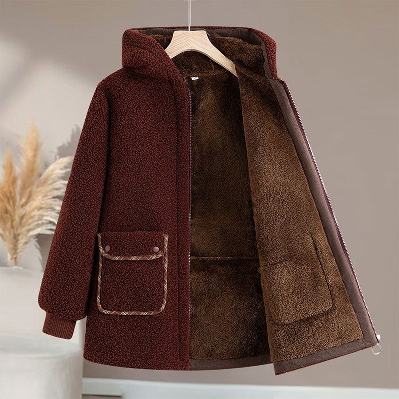 Middle-aged and Elderly Women's fleece-lined Cotton-padded Jacket Grandma Thickened Cotton-padded Jacket Women's Hooded Grain Velvet Warm Cotton-padded Jacket