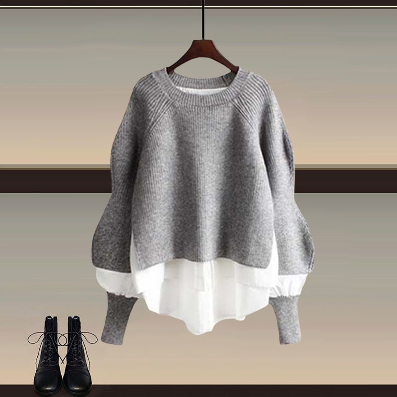 Autumn suit Women's New plus size Women's Fashion Fake Two-piece Top Elegant Slim Skirt Two-piece Set