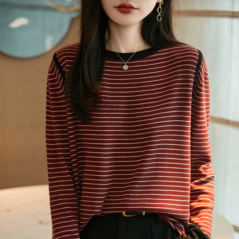 French-Style Color-Block Striped Fine-Knit Wool Sweater for Women, 2025 New Model, Loose Fit, Slimming, Long-Sleeve, Warm Base Layer Sweater