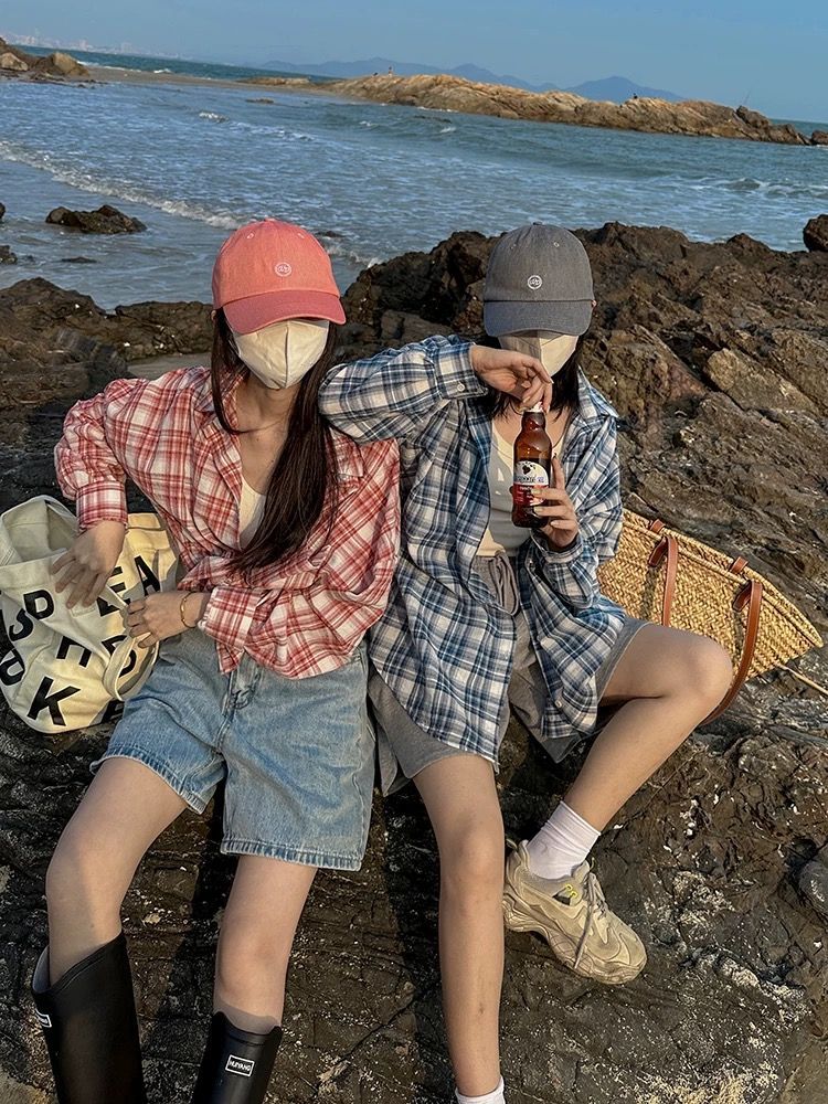 Cross-Border Japanese-Style Women's Autumn Tops Plaid Shirts Thin Sun-Protective Shirts Blouses Cross-Border Popular French-Style Plus-Size Casual