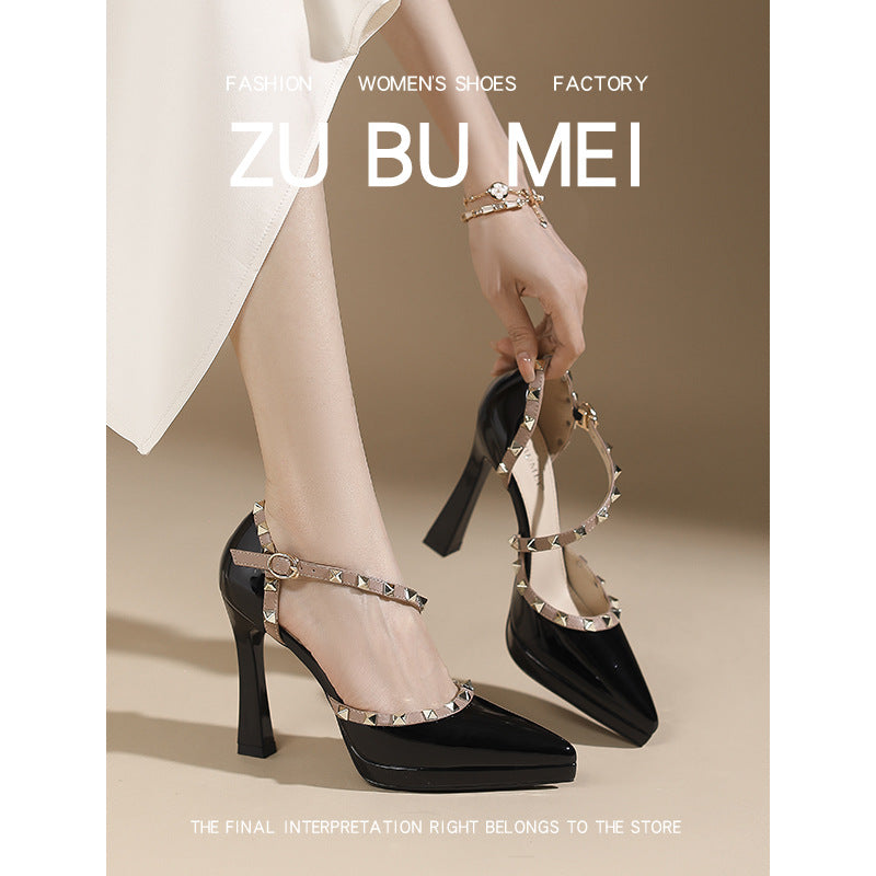 105-8 Sexy Rivet High Heels Women's Toe-Toe Hollow High-Heeled Sandals Women's Pointed Toe Stiletto Platform Shoes Women