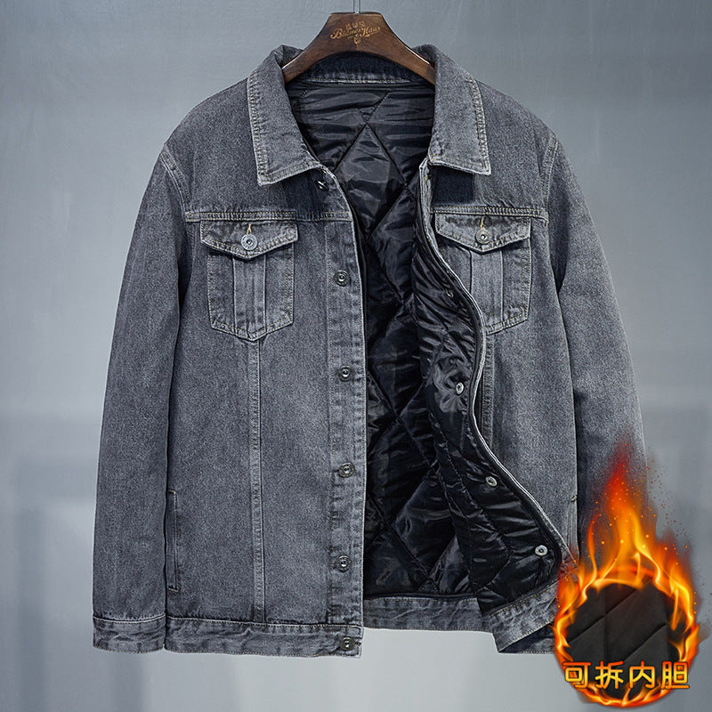 Fertilized Extra Large Loose Denim Coat fleece-lined Thickened plus size Men's Winter Jacket Warm Quilted Two-piece Top