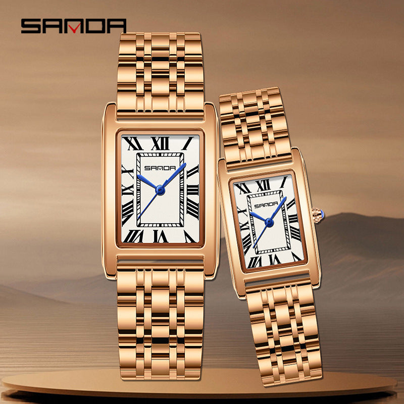 Sanda Live Hot Couple Watch Vintage Square Quartz Watch Waterproof Roman Scale Men's and Women's Watches