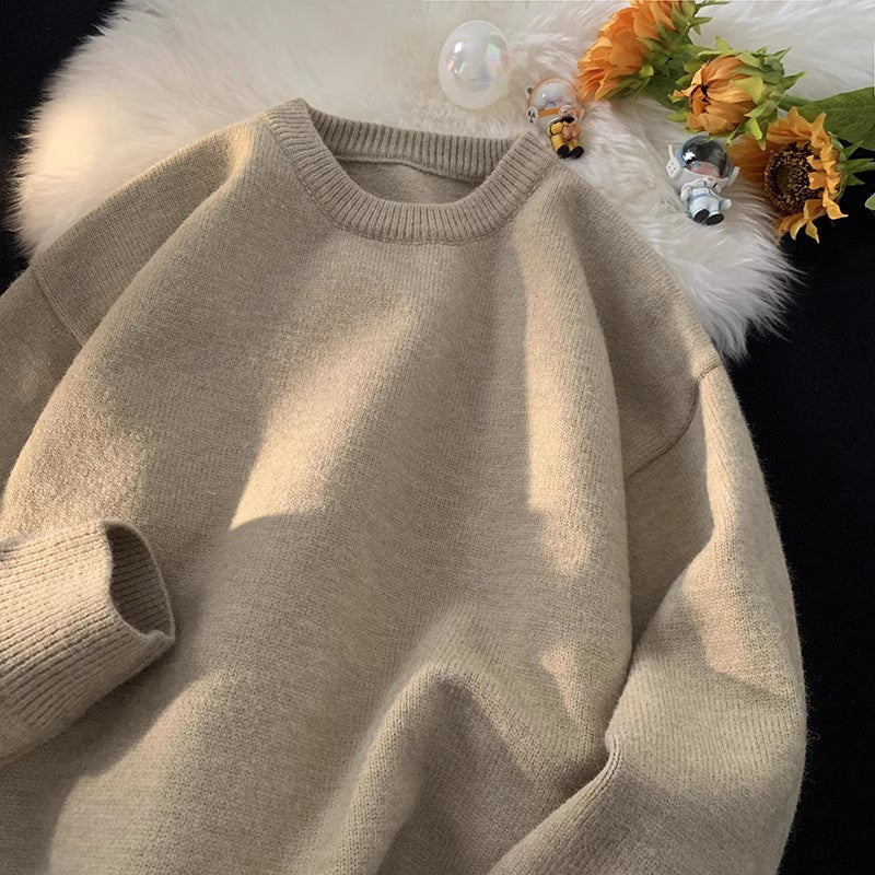 Sweater Men's Autumn and Winter Lazy Style American Style Retro High-end Sense Loose Casual Solid Color Pullover Base Knitted Sweater