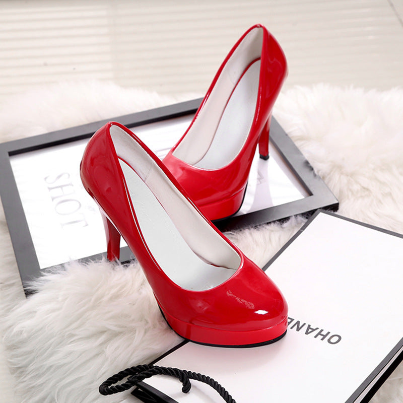 White High Heels, Feminine French Stiletto Heels, Shallow Mouth Waterproof Platform Round Toe Shoes, Red Patent Leather Professional Shoes for Women