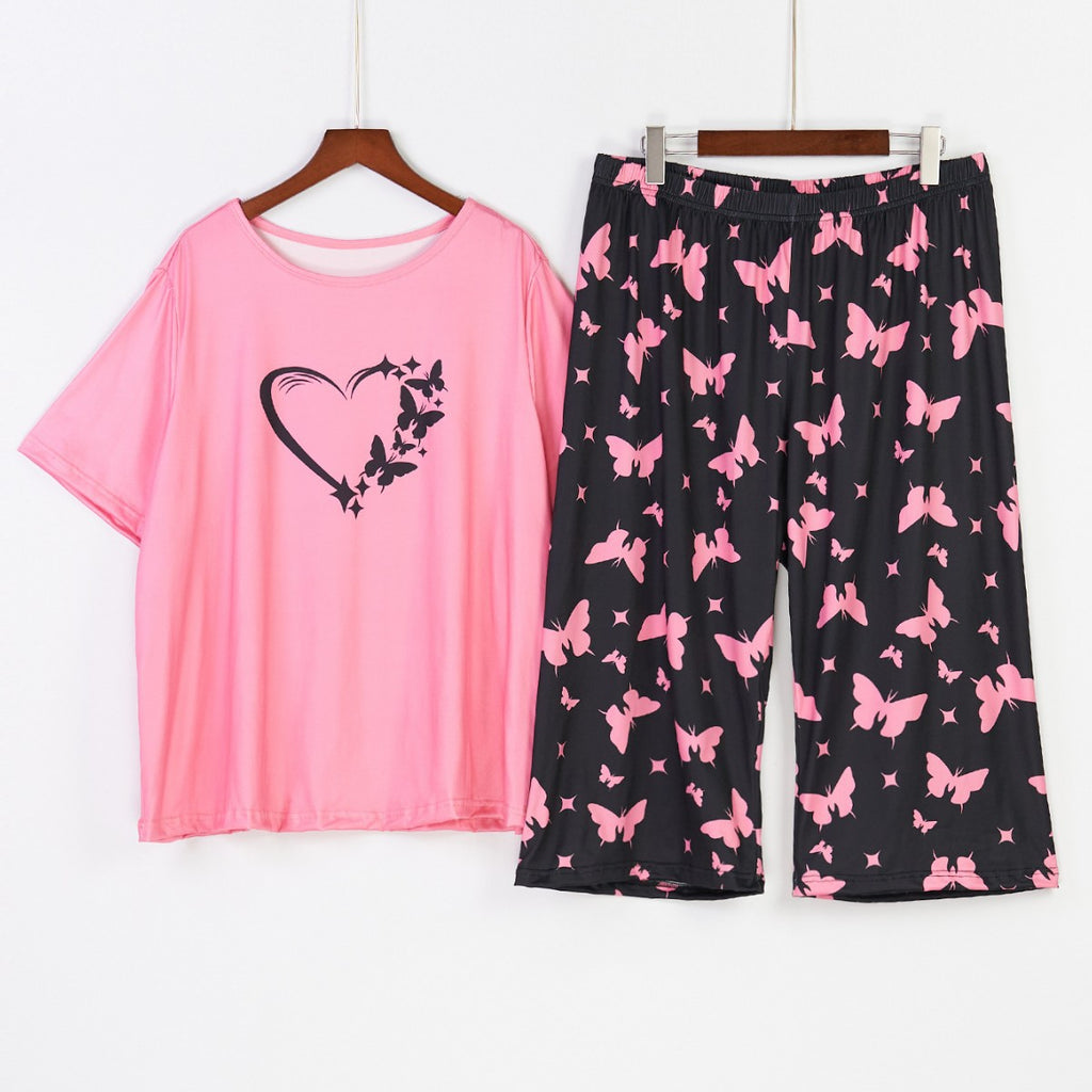 Cross-border plus size Outfit Pajamas for suit Women's Loose Crewneck Comfortable Short-sleeved Cropped Pants Pajamas
