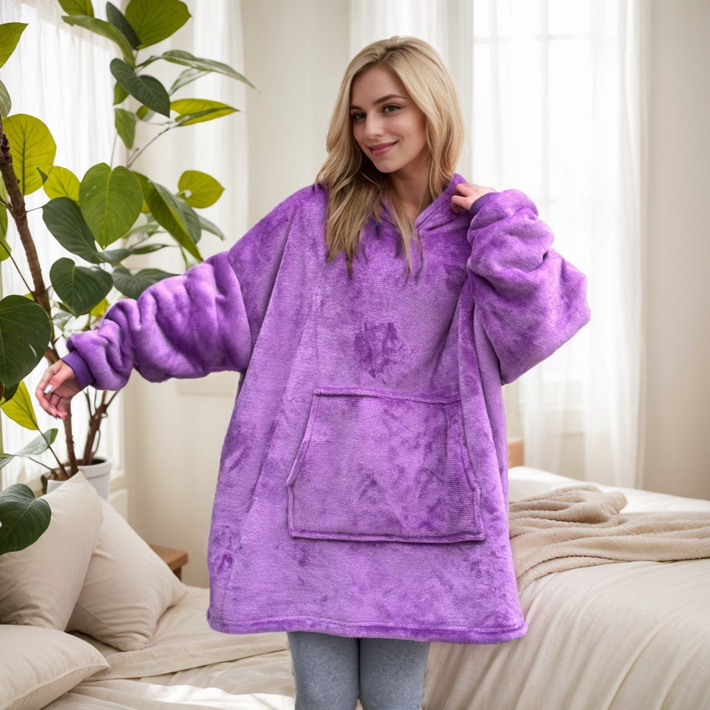 2021 Winter Fleece-Lined Thickened Navy Blue and Dark Gray Zip-Up Lazy Blanket Long-Sleeve Casual Flannel Hoodie
