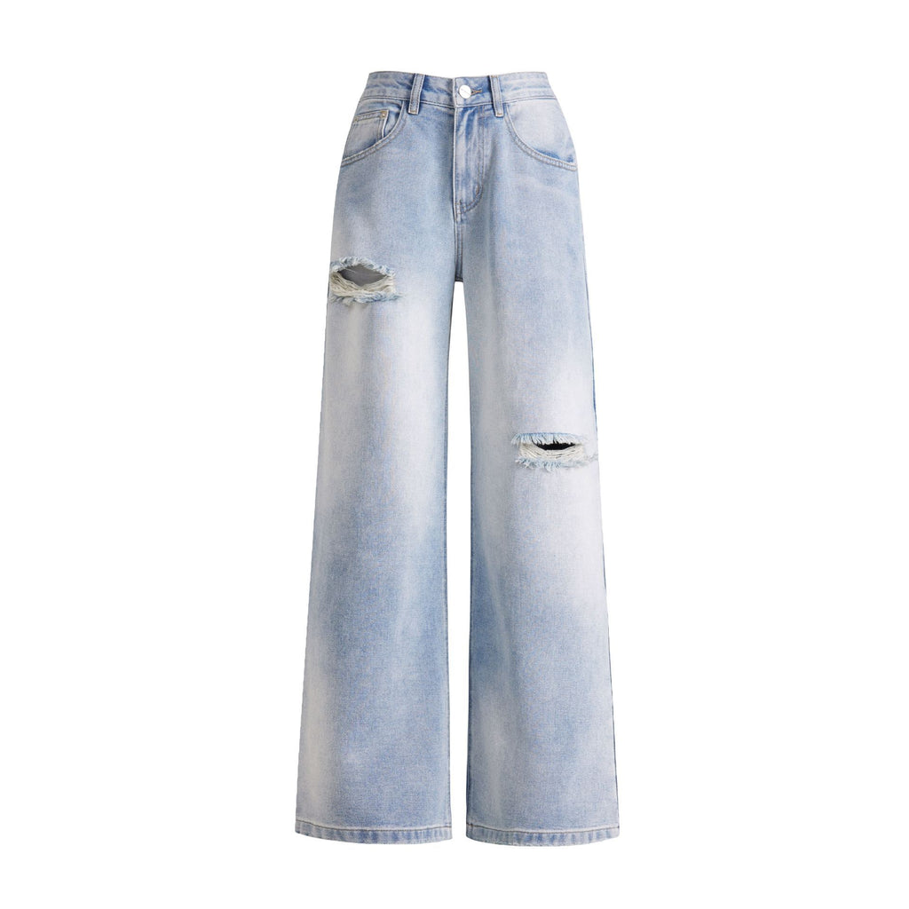 High Street Personality Light-Colored Ripped Jeans for Women, New Spring and Summer Loose Slimming Drapey Distressed Straight Wide-Leg Pants