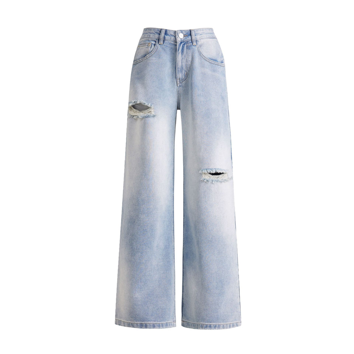 High Street Personality Light-Colored Ripped Jeans for Women, New Spring and Summer Loose Slimming Drapey Distressed Straight Wide-Leg Pants