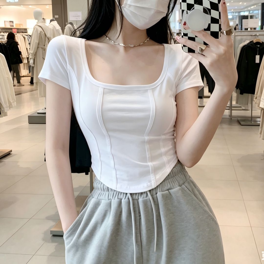 Short-Sleeved T-Shirt for Women Summer Retro Fishbone Design Niche Square Collar Chic Slim Top Trendy