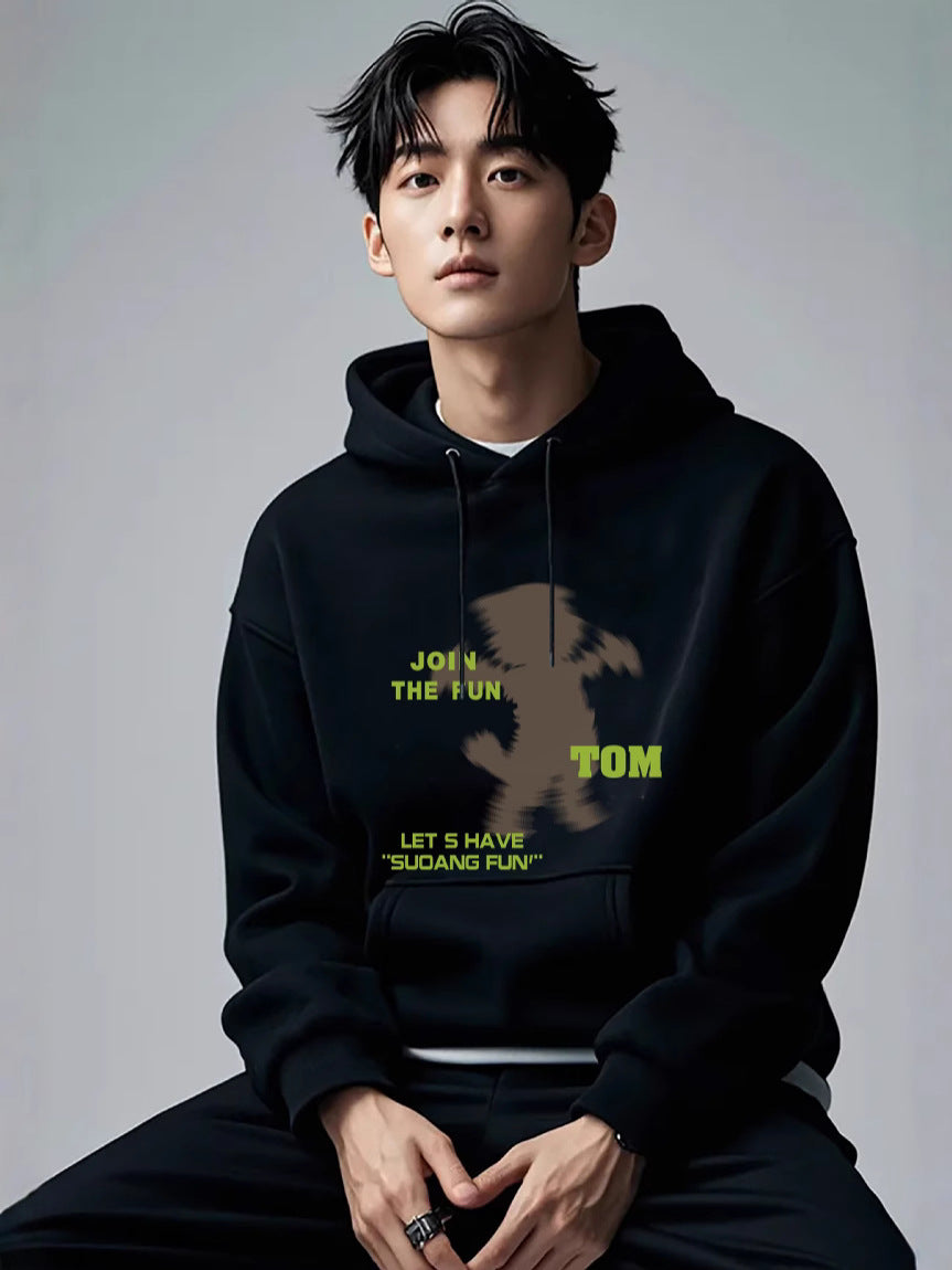 American Style Retro Trendy Fun Printed Hooded Sweat Autumn and Winter fleece-lined Loose Casual Hooded Top