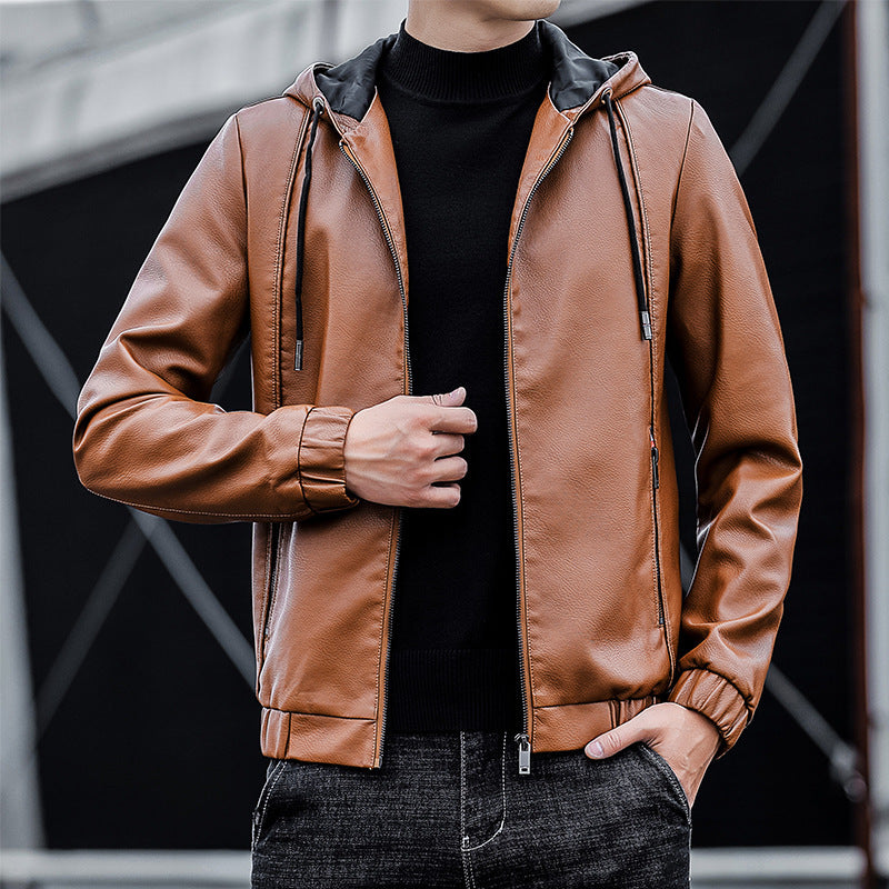 Men's Leather Jacket Cross-border Wholesale Factory Amazon Leather Men's Hooded Slim Fit Korean Motorcycle Casual Jacket