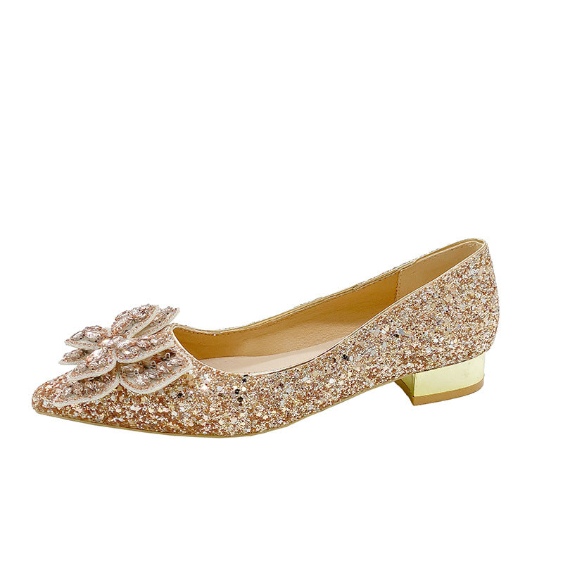 Crystal High Heels Women's Thick Heel French Style Elegant Bow plus size Rhinestone Sequin Single-layer Shoes Bridesmaid Shoes Xiuhe Wedding Shoes