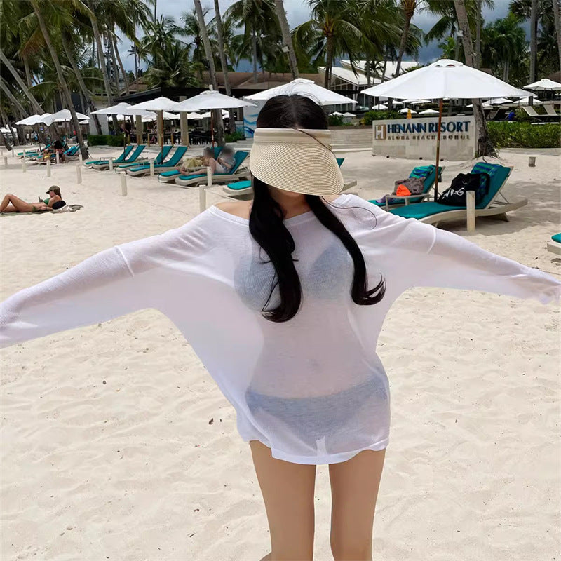 Beach Blouse Long-sleeved T-shirt Women's Spring and Autumn New Niche Seaside Vacation Outer Blouse Slightly Transparent All-match Top for Women