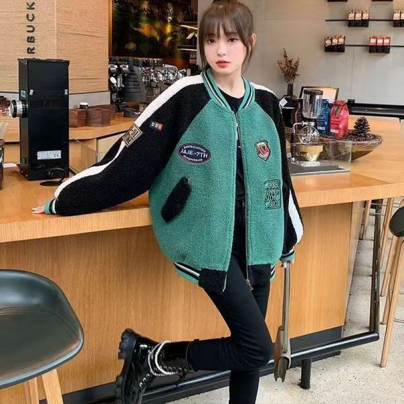 Coat Women's European Station 2025 Fall/Winter New Loose plus size Baseball Suit Ins Student Jacket Thickened Lamb Wool