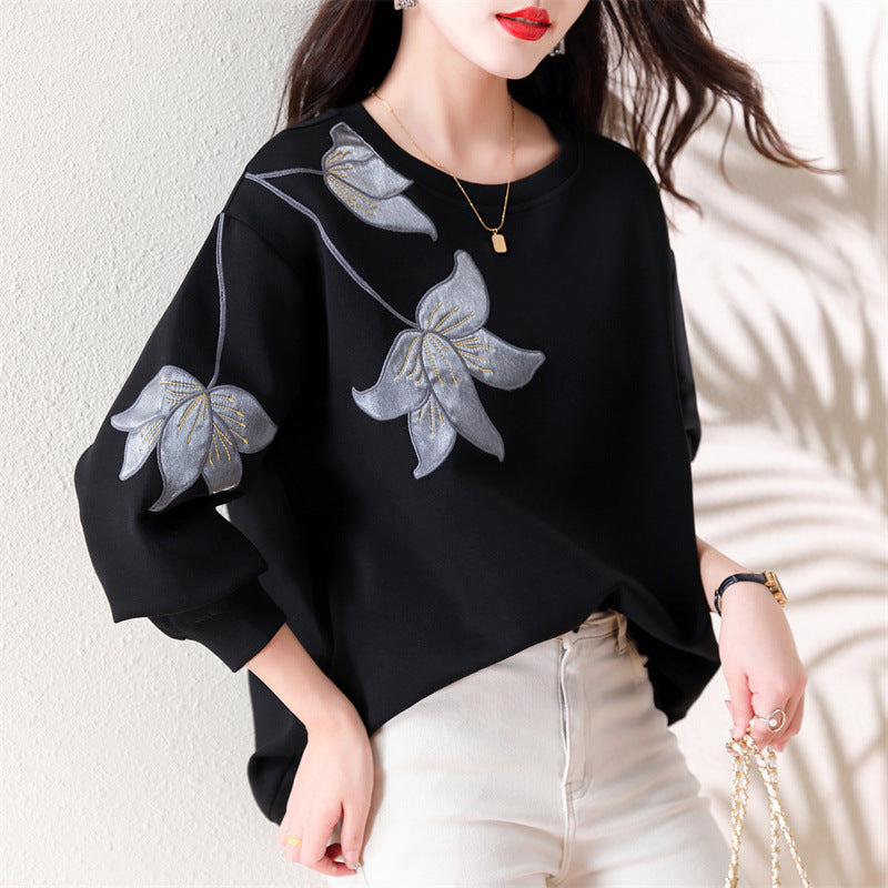 Real Shot Sweat Women's Autumn New Fashionable Elegant Loose Embroidered Top Slim Look plus size Fashionable Sweat
