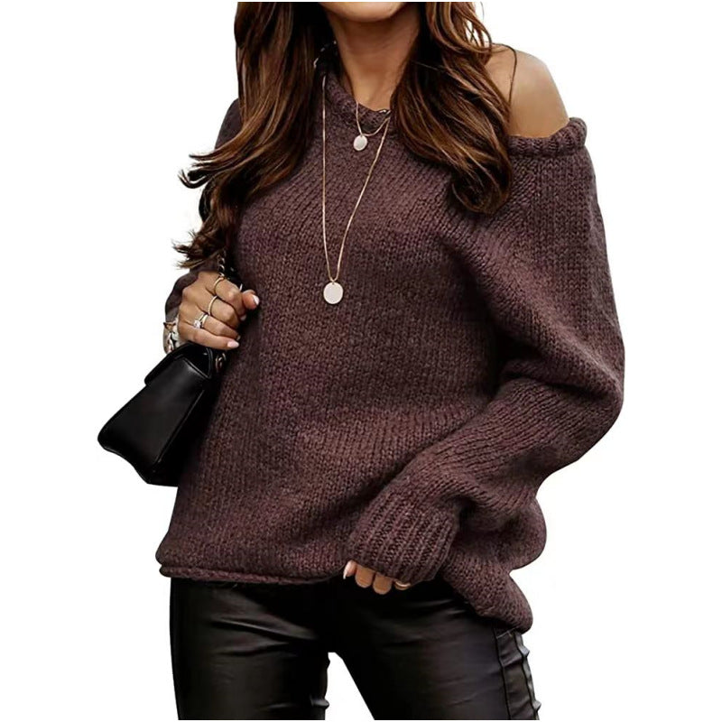 Cross-Border Amazon Autumn and Winter Off-Shoulder Sexy Round Neck Pullover Sweater Solid Color Casual Loose Large Size Sweater for Women