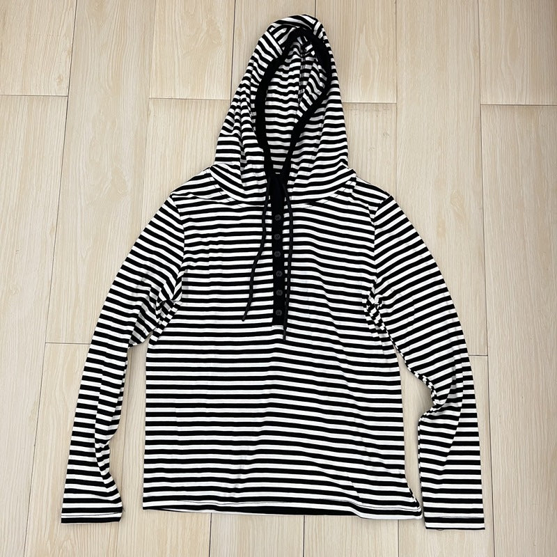 Good to wear to burst striped access control buckle hoodie autumn new women's casual all-match long sleeve T-shirt top base tee
