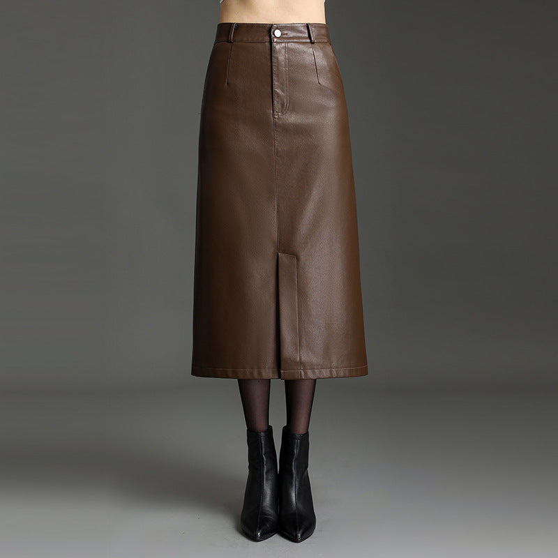 2025 New Slit Leather Skirt, Hip-Hugging Skirt for Women, Autumn and Winter High-Waisted Slimming Midi Skirt, Elegant Pencil Skirt