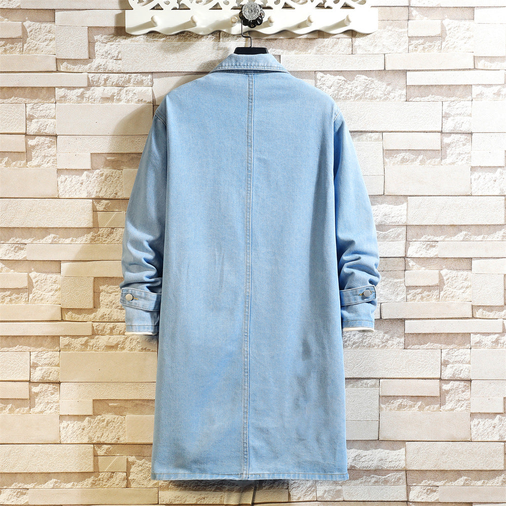 Men's Denim Trench Coat, Mid-Length, Autumn and Winter, Japanese Style, Trendy Brand, Plus Size, Vintage, Loose Fit, Casual, Turn-Down Collar Jacket