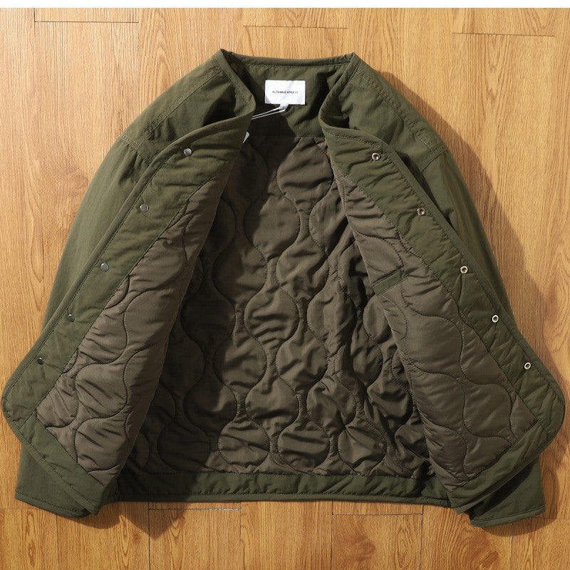 Japanese Retro Collarless Quilted Jacket Men's Windproof Workwear Layered V-Neck Snap Cotton Coat Men