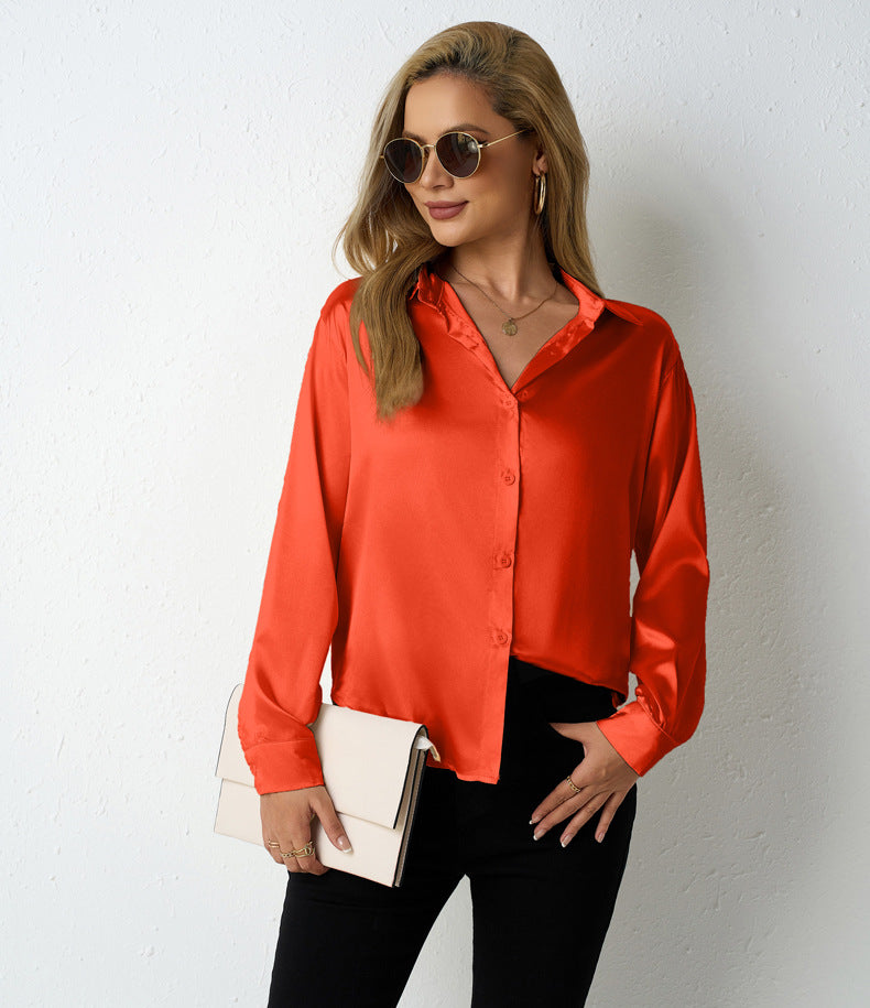 Real Shot of Cross-Border Women's Satin Shirts for Women, Simple V-Neck Cardigan Shirts, Amazon Women's Loose Tops