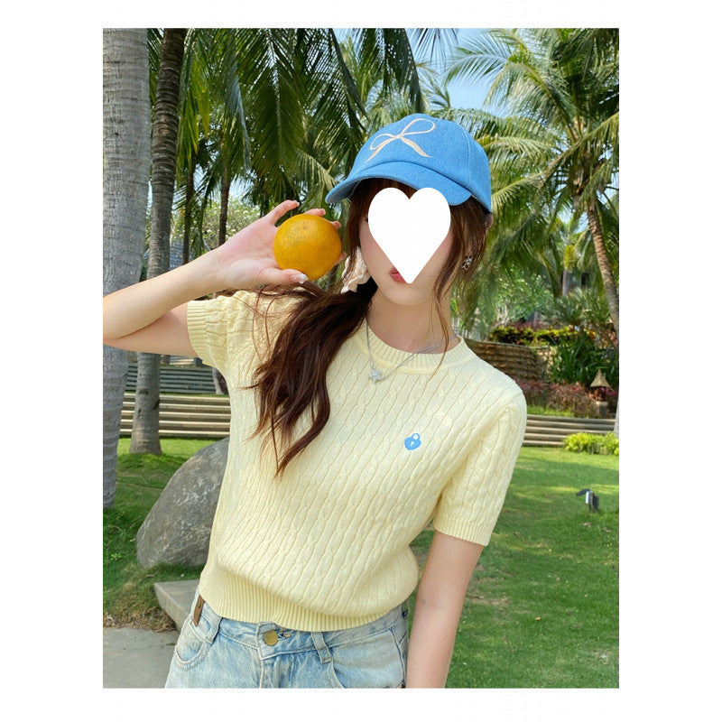 Short-Sleeved T-Shirt for Women in Summer, New Slim Fit, Versatile Yellow Twist Retro Short Knitwear, Fashionable…