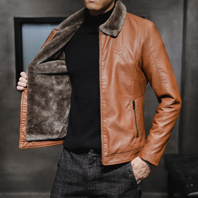 2019 New Men's Leather Jacket Men's Leather Jacket Lapel Middle-aged Men's fleece-lined Thickened Fashionable Fur