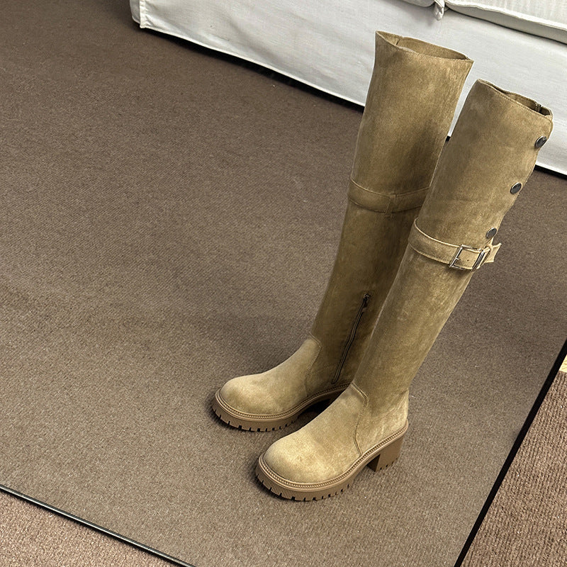 Foldable Over-The-Knee Stretch Boots for Women, New Korean Style Suede Fashionable Elegant Riding Boots with Thick Heels, Fashion Boots Wholesale