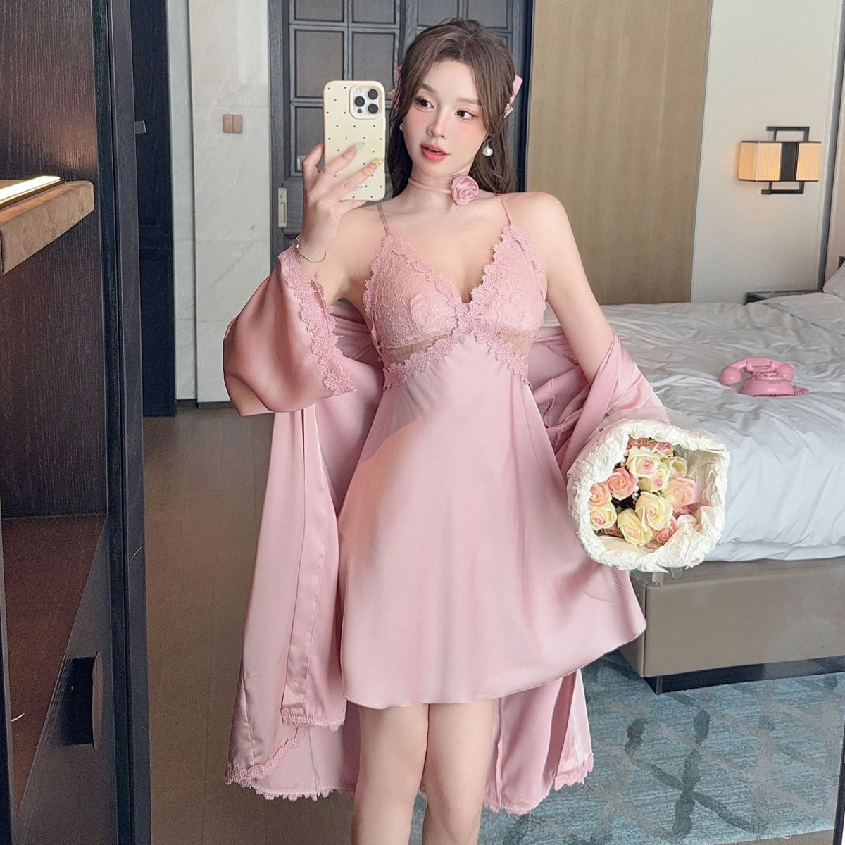Pajamas for Women Spring and Autum Sexy Pure Lust Lace Cut Out Suspender Nightgown Ice Silk Nightgown Two-Piece Suit with Breast Pads