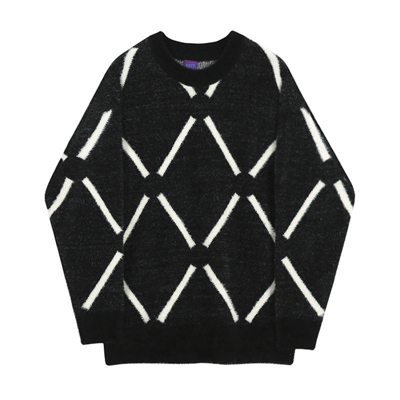 Plush Plaid Sweater Men's Autumn and Winter Korean-style Fashionable Loose Sweater Thickened Lover's All-match Sweater for Men