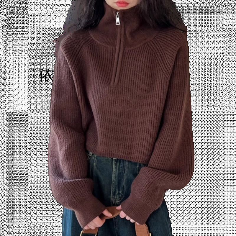 Designed Half-High Collar Zipper Red Knit Sweater for Women, Short Style, New Spring Model, High-Waisted Sweater, Loose and Thickened