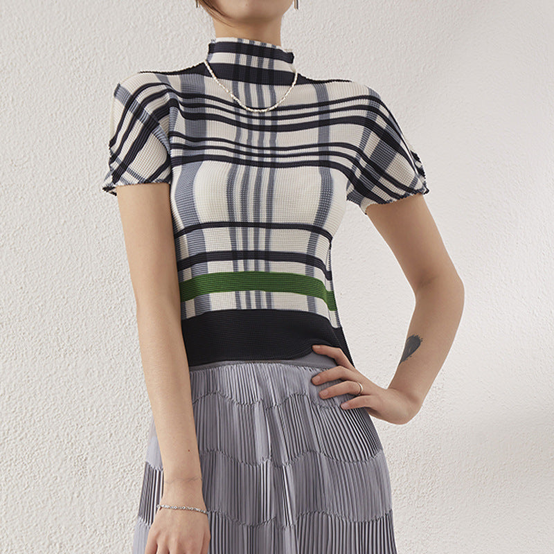Miyake Half Turtleneck Half-Sleeved T-Shirt for Women Summer New Stereo Design Pleated Printed Short-Sleeved Top