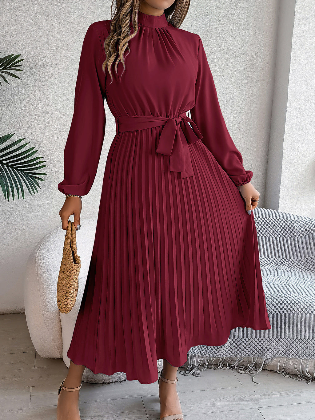 2026 European and American Spring/Summer Elegant Stand Collar Long Sleeve Waist-Cinched Pleated Long Dress Mini Dress Amazon Cross-Border Women's Clothing
