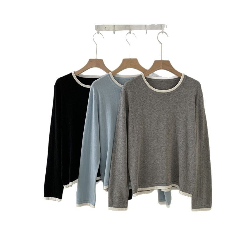 New Spring and Summer Women's Knitted Sweaters, Cotton Round Neck Contrasting Bottoming Shirts, Loose and Simple Elegant Inner Tops Wholesale