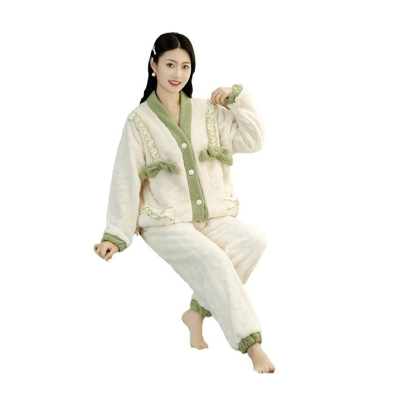 Pajamas Women's Autumn and Winter New Lazy Style V-neck Long-sleeved Princess Style Dormitory Warm Coral Fleece Home Clothes for Outer Wear