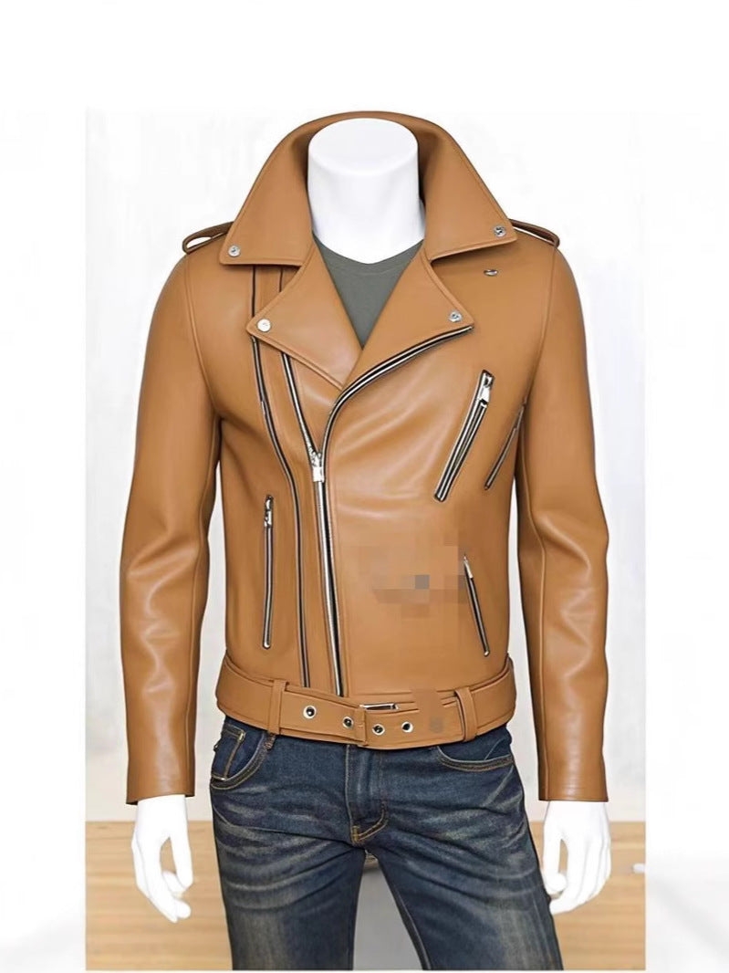Autumn and Winter Leather Men's New Leather Jacket Coat Men's Korean Style Vertical Collar Slim Fit PU Leather Top Trendy Men's Coat