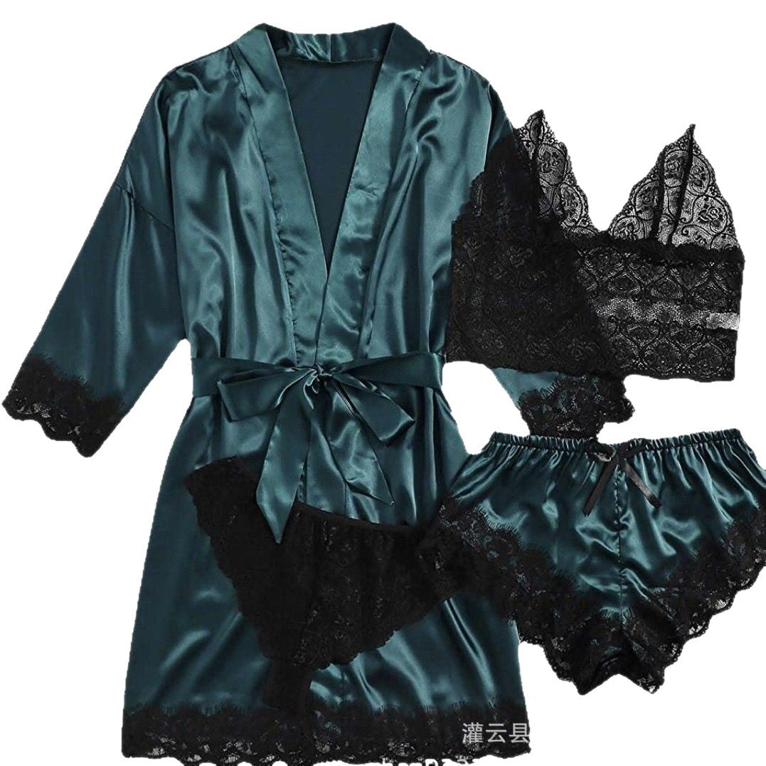 New Cross-Border Sexy Women's Sexy Pajamas Multi-Piece Suit Lace Satin Suspender Nightgown Manufacturer Foreign Trade Direct Sales