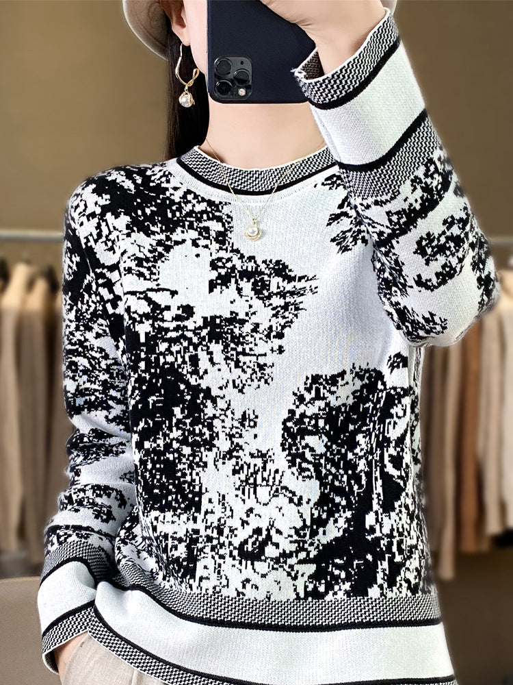 24 spring new semi-high collar women's sweater sweater ink painting pullover loose slim base shirt top women