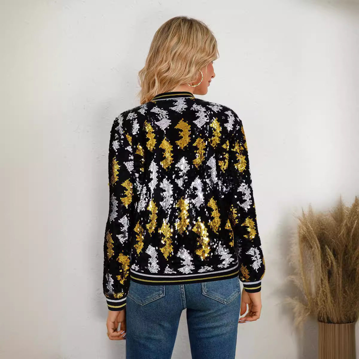 10393 Cross-border Amazon Autumn and Winter Women's Long Sleeve Jacket Slim-fit Elegant Commuter Sequin Baseball Suit