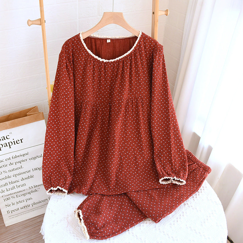 Red Floral Pajamas Women's Spring and Summer Pure Cotton Gauze Double-Layer Thin Long-Sleeved Home Clothes suit