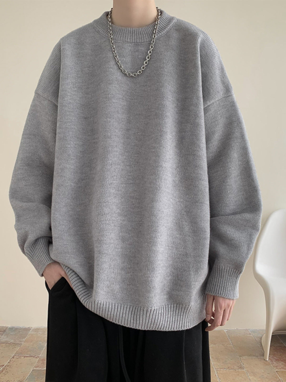Sweater Men's Autumn and Winter Lazy Style American Style Retro High-end Sense Loose Casual Solid Color Pullover Base Knitted Sweater