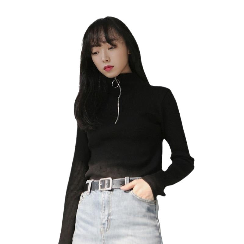 Spring sweater women's semi-high collar ring zipper slim outer wear long sleeve middle collar base sweater sweater top wholesale