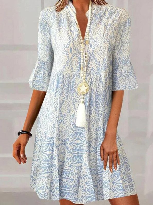 2023 New Summer Style Amazon European and American Clothing Cross-Border Export V Neck Loose Three-Quarter Sleeve Printed Dress for Women